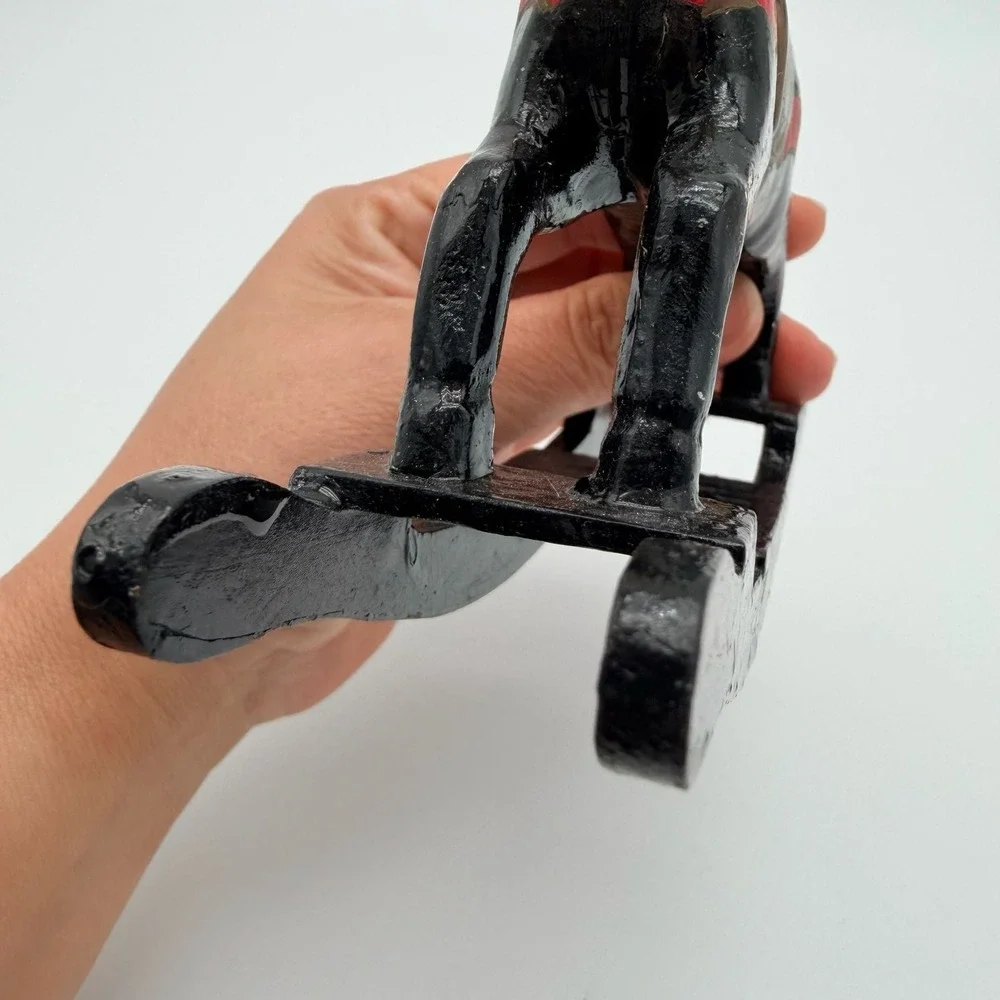 Vintage Hand-Carved Wooden Rocking Horse Figurine with Real Hair Mane and Tail
